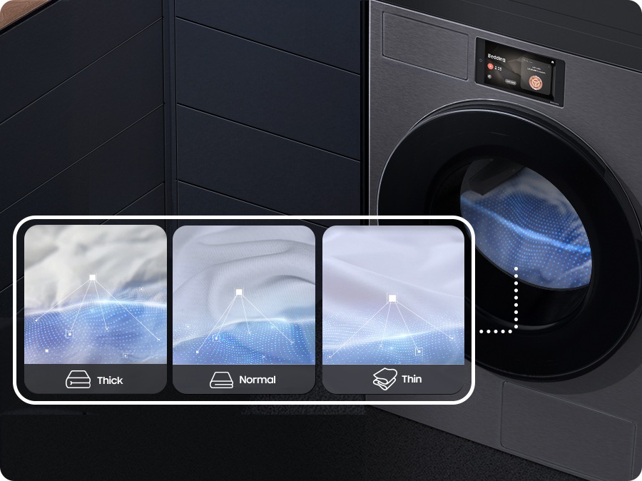 يتم فحص اللحاف ضوئيًا داخل حوض المجفف. تكتشف دورة مفارش الأسرّة سُمك اللحاف من حيث اعتباره إما سميكًا، أو عاديًا أو خفيفًا، وتعدّل وقت التجفيف وفقًا لذلك.