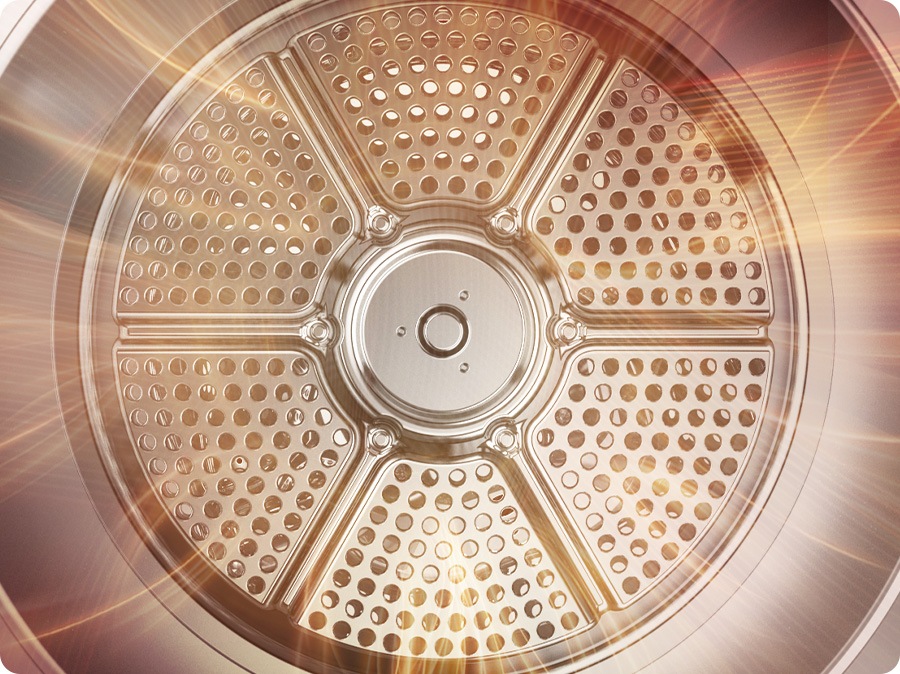 لقطة قريبة داخل الطبل. يتم توزيع كمية كبيرة من الهواء الساخن من ثقوب 360 بالتساوي داخل الطبل.