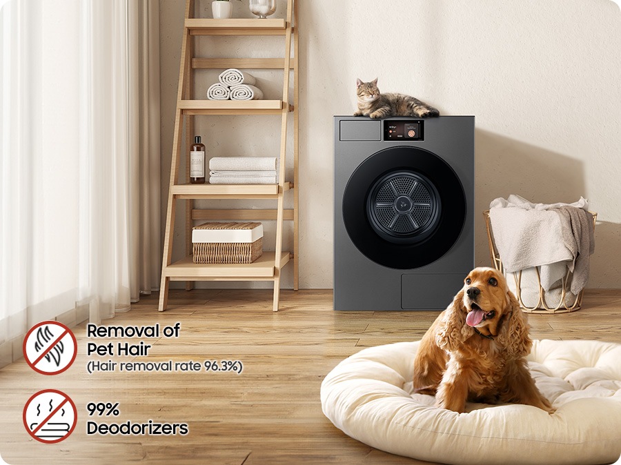 توجد كلاب وقطط في المكان المثبت فيه المجفف. إزالة شعر الحيوان الأليف (معدل إزالة الشعر 96,3%) و99% إزالة للروائح الكريهة.