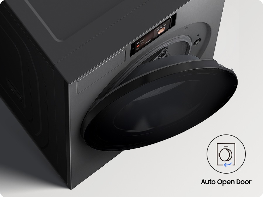 في نهاية الدورة، يفتح باب الغسالة تلقائيًا. تشرح الأيقونة الموجودة في الجزء السفلي الأيمن ميزة فتح الباب تلقائيًا.