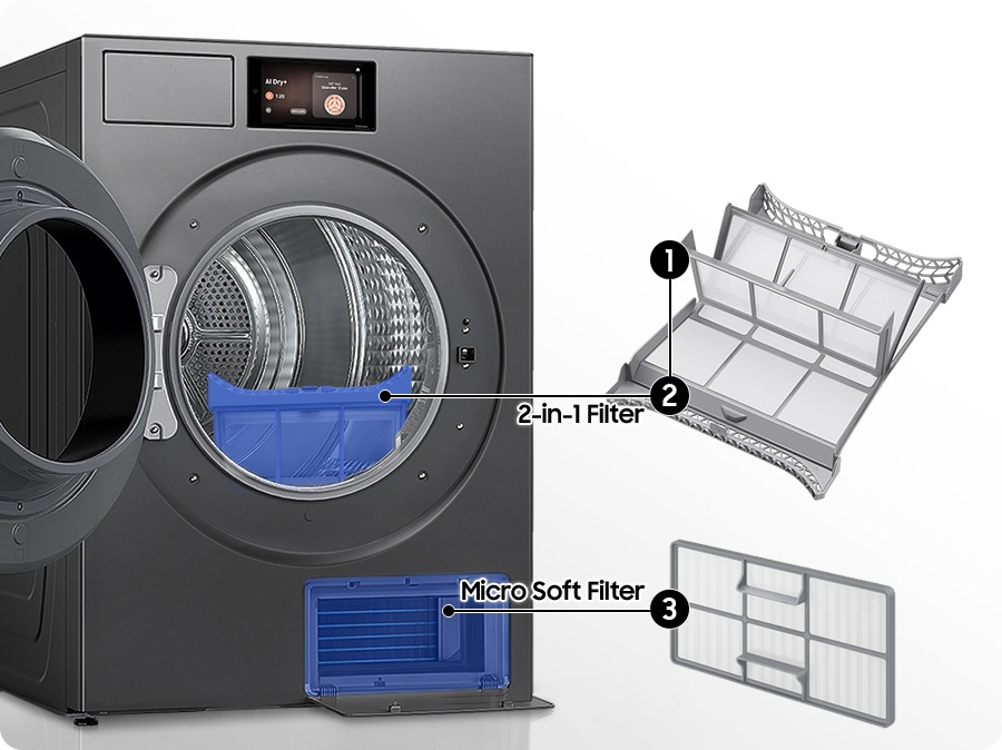 نظام فلتر 3 طبقات المجفف. يتم تسليط الضوء على 2 فلترات. الأول هو فلتر 2 في 1 ، الذي يتم وضعه في فتحة في قاعدة الباب. والثاني هو فلتر ميكرو ناعم يتم وضعه داخل لوحة في الزاوية اليمنى السفلى من الجبهة الأمامية للمجفف.