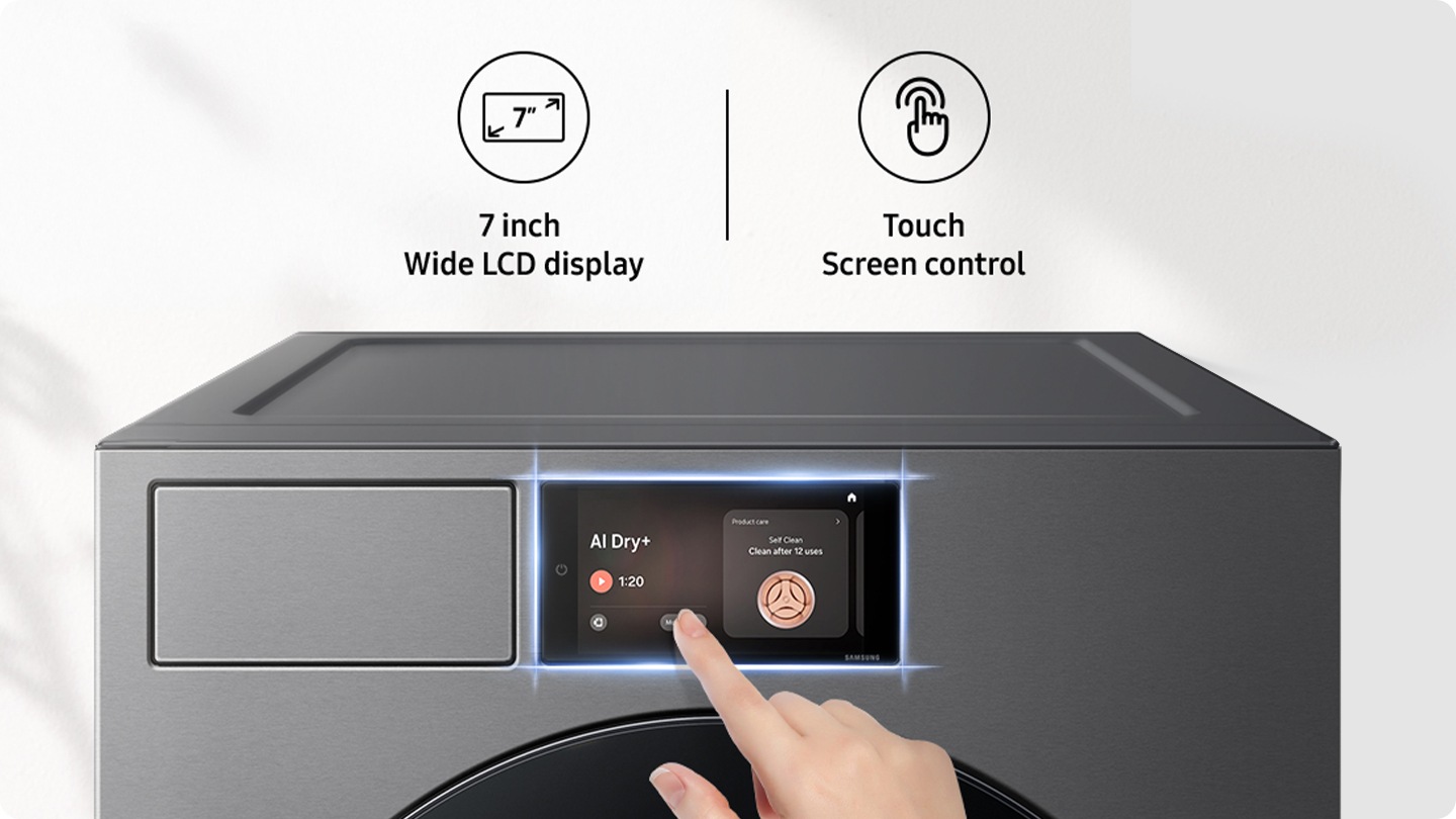 شاشة العرض الـ LCD مقاس 7 بوصات التي تعمل باللمس والموجودة في المجفف. تستعرض شاشة العرض الـ LCD دورات أكثر وتدور دورة AI Dry+ فائقة السرعة. في نهاية الدورة، يُعرض الوقت الإجمالي، والغسلة، و1,45 كيلووات من استخدام الطاقة. تُستخدم الشاشة الـ LCD أيضًا للوصول إلى ميزات بارزة، مثل المكالمات الواردة، ودَق جرس الباب، وSmartThings، وSpotify. ※ الصور معروضة لأغراض التوضيح فقط.