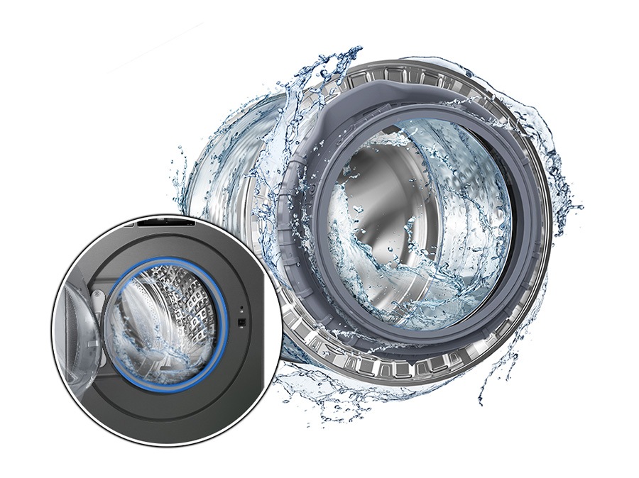 The washing machine drum is surrounded by clean water, with water jets cleaning its interior. A close-up shows a door gasket being cleaned.