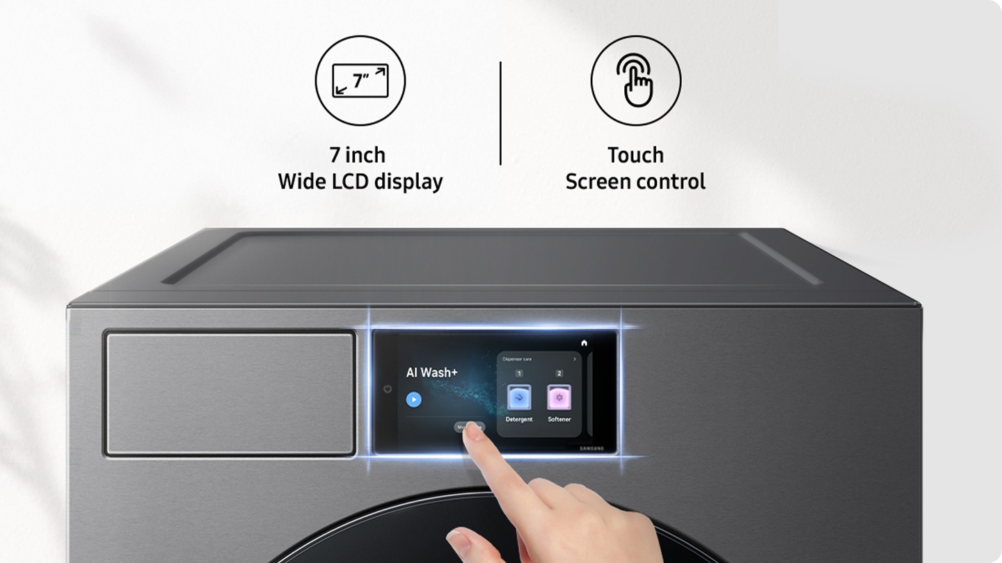 تظهر شاشة عرض من نوع LCD بعرض 7 بوصات ووحدة تحكم تشتمل على شاشة لمس في الغسالة. تعرض الشاشة من نوع LCD المزيد من الدورات، وتظهر دورة AI Dry+‎ وهي قيد التشغيل. عند انتهاء الدورة، يظهر الوقت الإجمالي، والغسيل، واستهلاك طاقة يبلغ 0.34 كيلوواط/ساعة. تُستخدم الشاشة من نوع LCD أيضاً للوصول إلى ميزات، مثل المكالمات الواردة ورنين جرس الباب وتطبيق SmartThings وتطبيق Spotify. * الصور معروضة لأغراض توضيحية فقط.