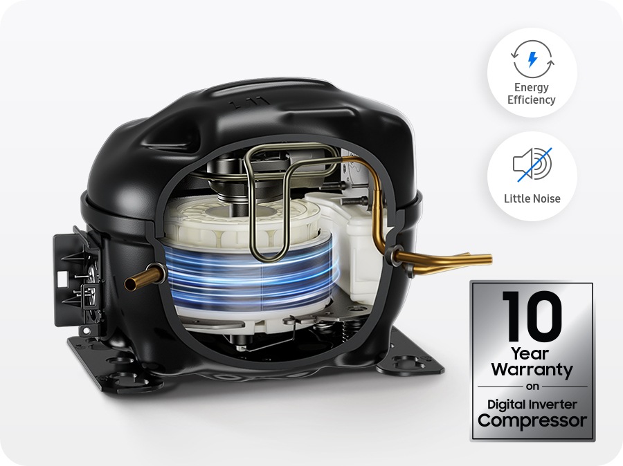 يأتي ضاغط العاكس الرقمي للثلاجة بضمان مدته 10 عاماً. كما تتميّز الثلاجة بالكفاءة في استهلاك الطاقة والضوضاء الأقل.