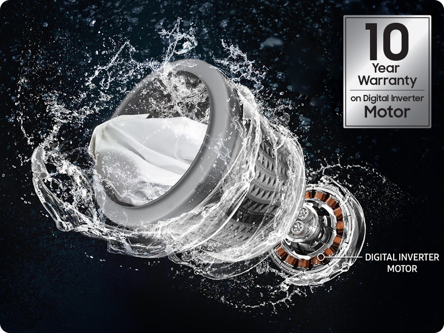 Shows the motor and clutch are shown assembled and attached to the washing machine. The washing machine with 20 year warranty on digital inverter motor.