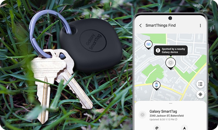 تم العثور على سلسلة المفاتيح على العشب الأخضر باستخدام SmartTag؛ يعرض التطبيق إلى اليمين الموقع الدقيق الذي يمكن العثور عليها فيه