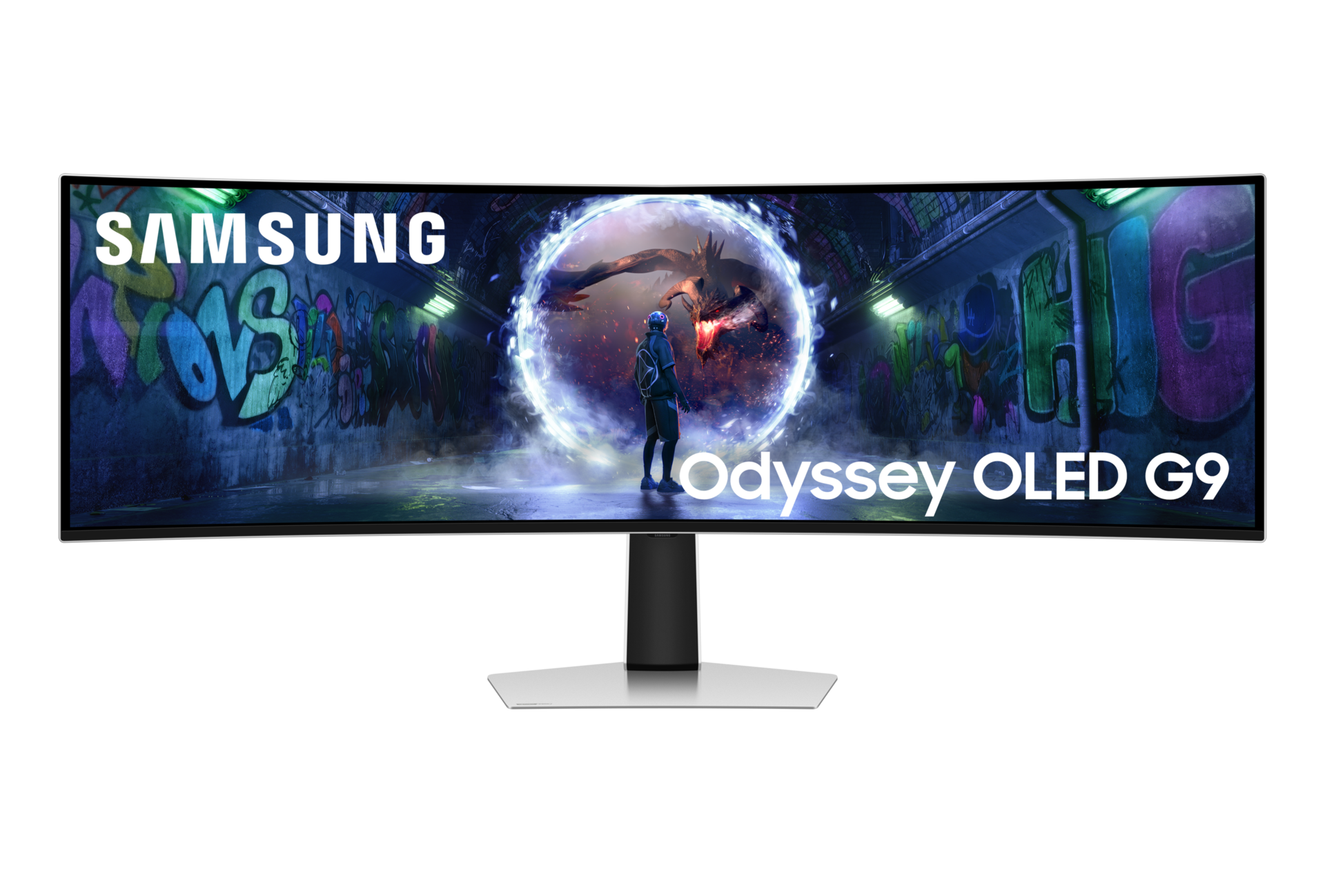 49" Odyssey OLED G9 G93SD DQHD 240Hz Gaming Monitor Front2 Silver 