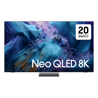 تلفزيون ذكي Neo QLED طراز QN990F مقاس 85 بوصة بدقة 8K معزز بتقنية Samsung Vision AI (إصدار عام 2025) بلون رصاصي معروض من الأمام 
