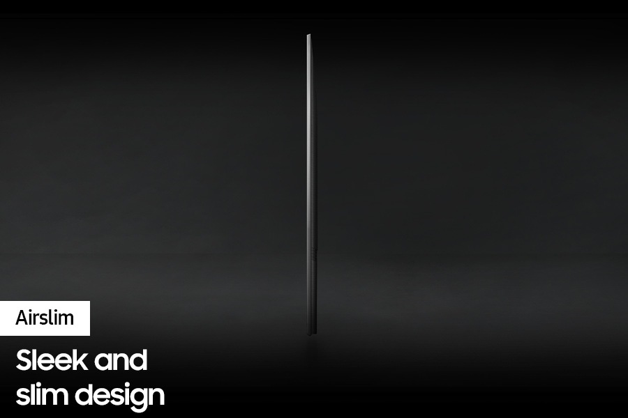 The side profile of the Crystal UHD TV is on display to show its airslim design.