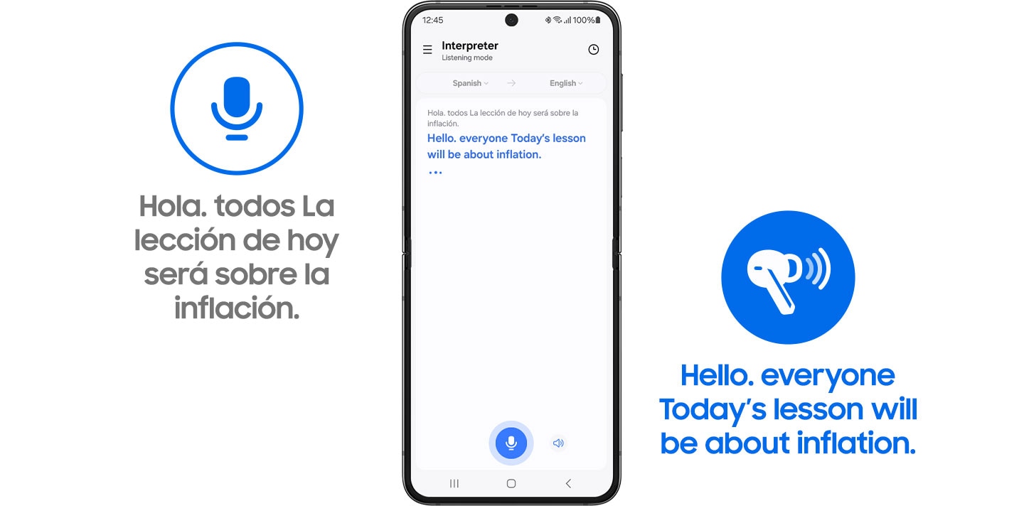 Samsung Galaxy device with Interpreter open. Spanish source text open through Interpreter. Hola. Todos LA leccion de hoy sera sobre la inflacion. Earbud icon providing English interpretation through Interpreter. Hello. Everyone today’s lesson will be about inflation.