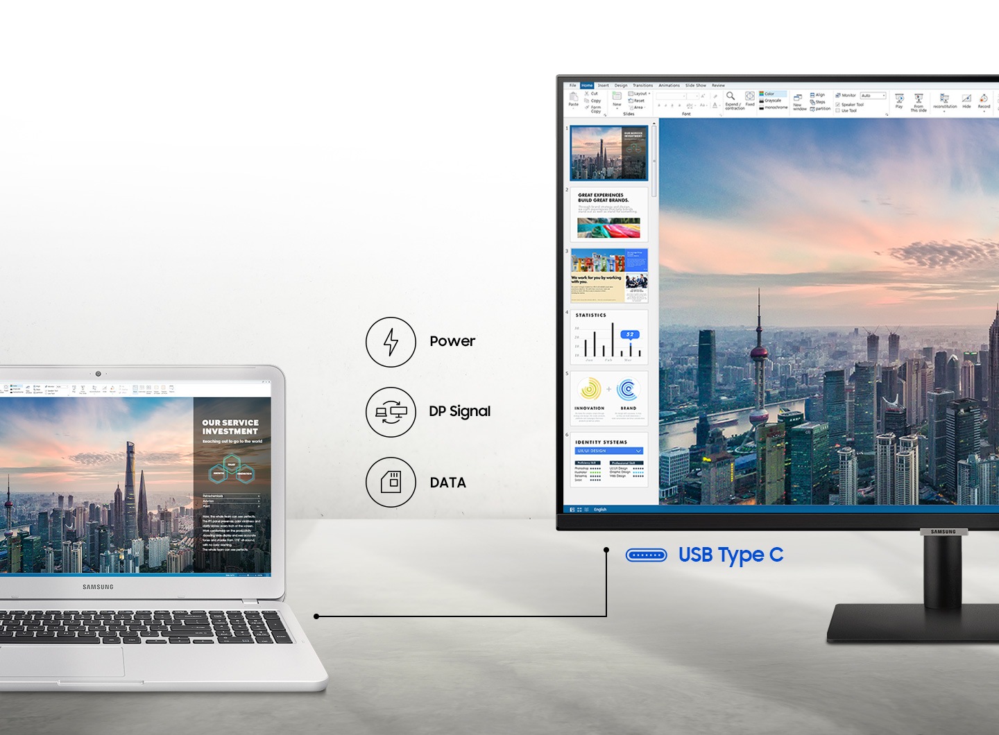 A line between a laptop and monitor represents the USB Type-C connection. Icons represent Power, DP Signal, and Data.