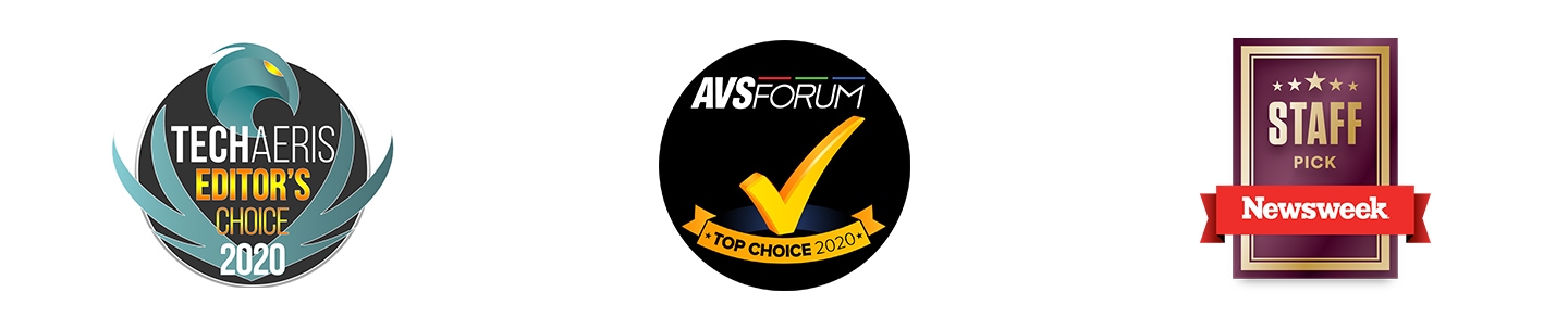 There're award logos; Editor's choice 2020 from TechAeris, Top choice 2020 from AVS Forum, and staff pick from Newsweek.