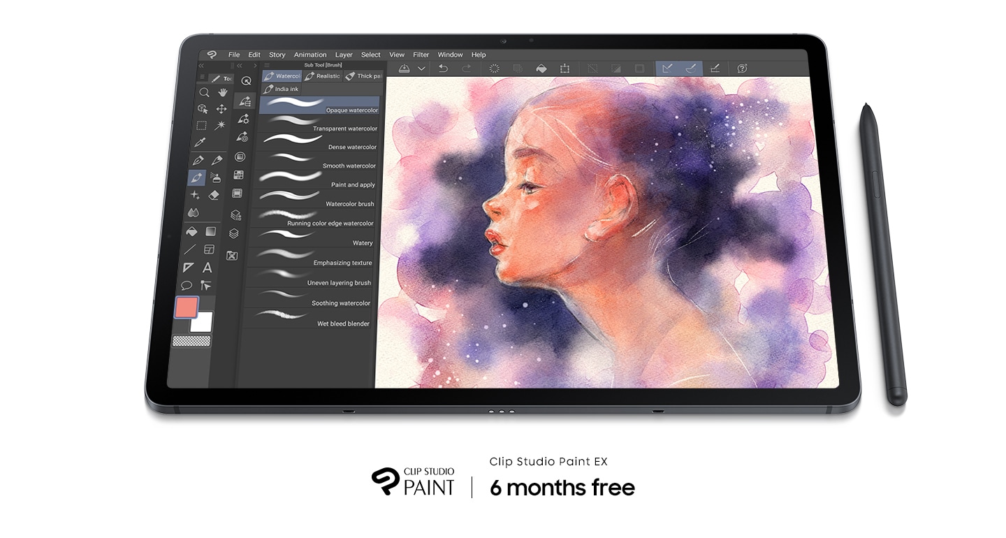 Galaxy Tab S7 FE 5G with Clip Studio Paint onscreen showing a drawing of a woman surrounded by purple clouds. S Pen is laying next to the tablet. Clip Studio Paint logo. Text says Clip Studio Paint Ex 6 months free.