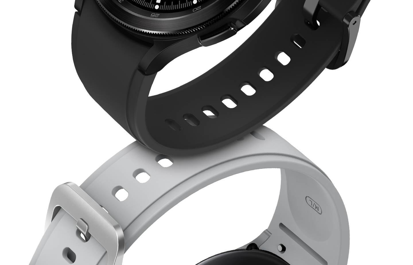 A Galaxy Watch4 with a Gray color Ridge band is shown on top. On the bottom is another Galaxy Watch4 with a Black color Ridge band.