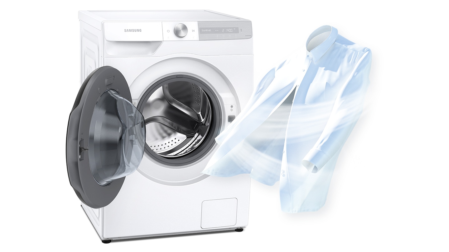 To show cleanliness, a strong air current is being blown to a white shirt where it stands next to an open dryer door.