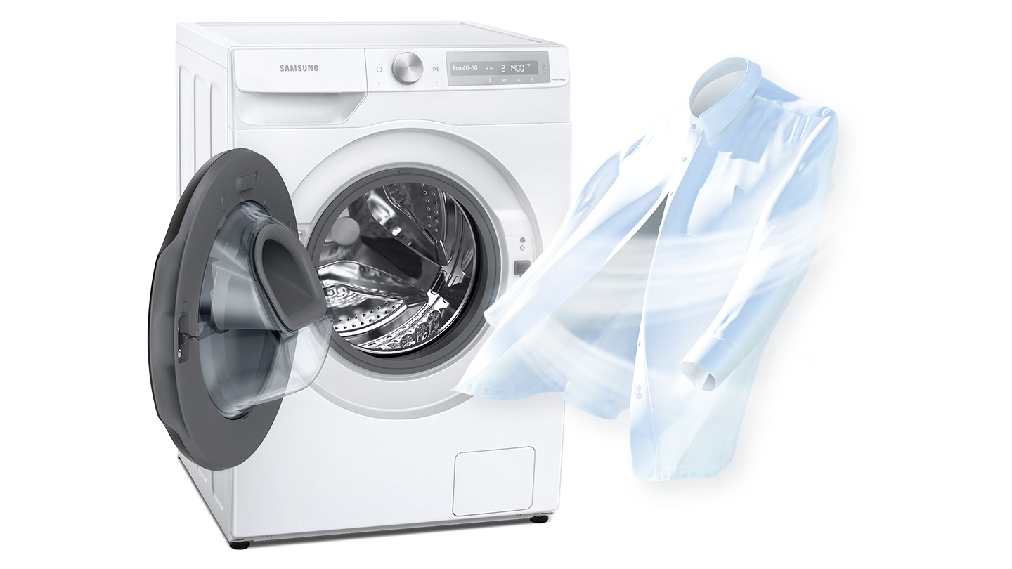 To show cleanliness, a strong air current is being blown to a white shirt where it stands next to an open dryer door.