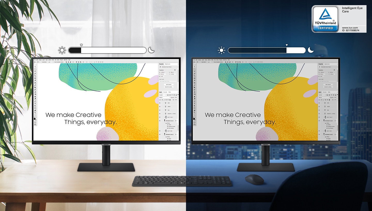 Two identical monitors and their stands are side-by-side on one desk, with a keyboard and mouse on the desk in front. The monitor on the left shows high brightness during the day, while the monitor on the right shows low brightness at night. Two brightness level bars, which are located above each monitor, show monitors' brightness as the indicator is placed on the left for the bright screen and right for the dimmer screen. In the top right corner of the monitor is an Intelligent Eye Care logo certified by TUV Rheinland, with ††www. tuv.com'' website address and ID number 0217008574 written on it.