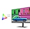 The monitor and its stand are shown tilted to the left. On the screen is a car driving along a street from left to right against a backdrop of houses. A color chart in a triangular shape on the side of the monitor shows wider range of color with DCI-P3 98% compared to the range of sRGB 100%.
