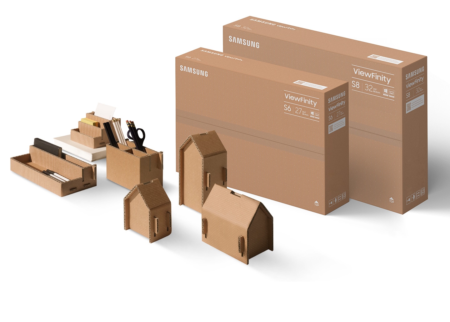 There are ViewFinity packing boxes, and in front of them are boxed pencil holders, organizers, and small items.