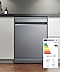 Shows the dishwasher's energy label, with its B rating and key Eco data - 64 kWh, 14x settings, 8.5L, 3:50 run time and 43dB.