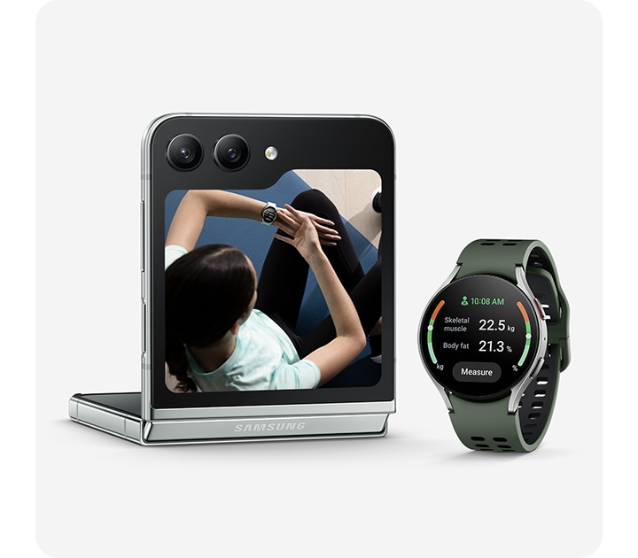 Galaxy Z Flip5 is in Flex Mode and seen from the Flex Window. On the Flex Window is a photo preview of a woman doing yoga. Next to the device is Galaxy Watch6 with Samsung Health body composition measurements shown on the display.