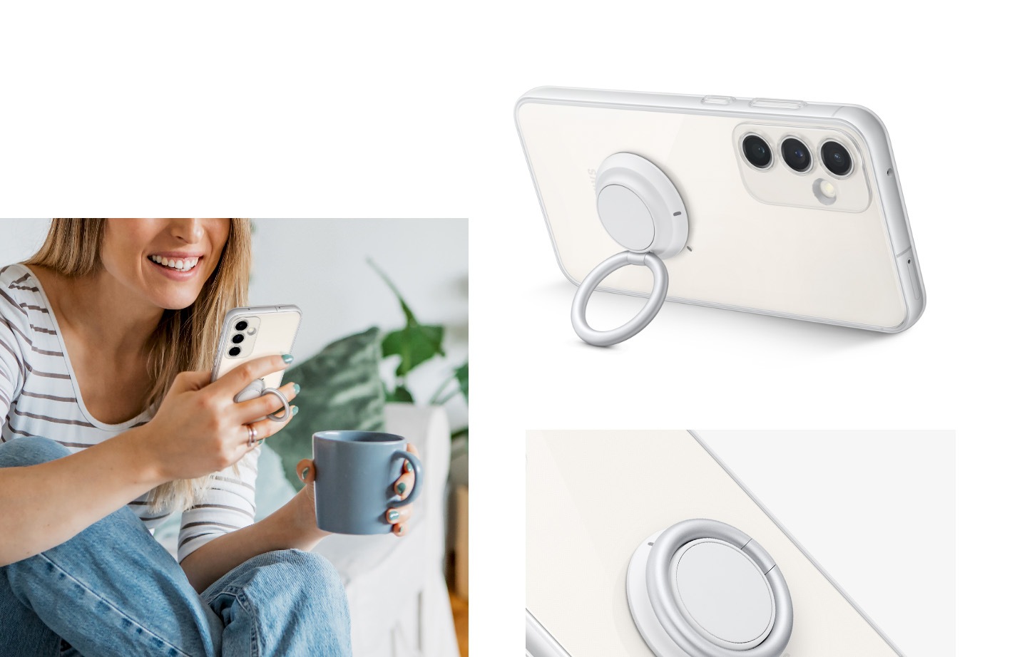 A woman is holding a Galaxy S23 FE device with Clear Gadget Case on vertically using a ring holder. A Galaxy S23 FE device with Clear Gadget Case is placed horizontally on a flat surface using a kickstand. A close-up of the ring holder on the back of Clear Gadget Case.