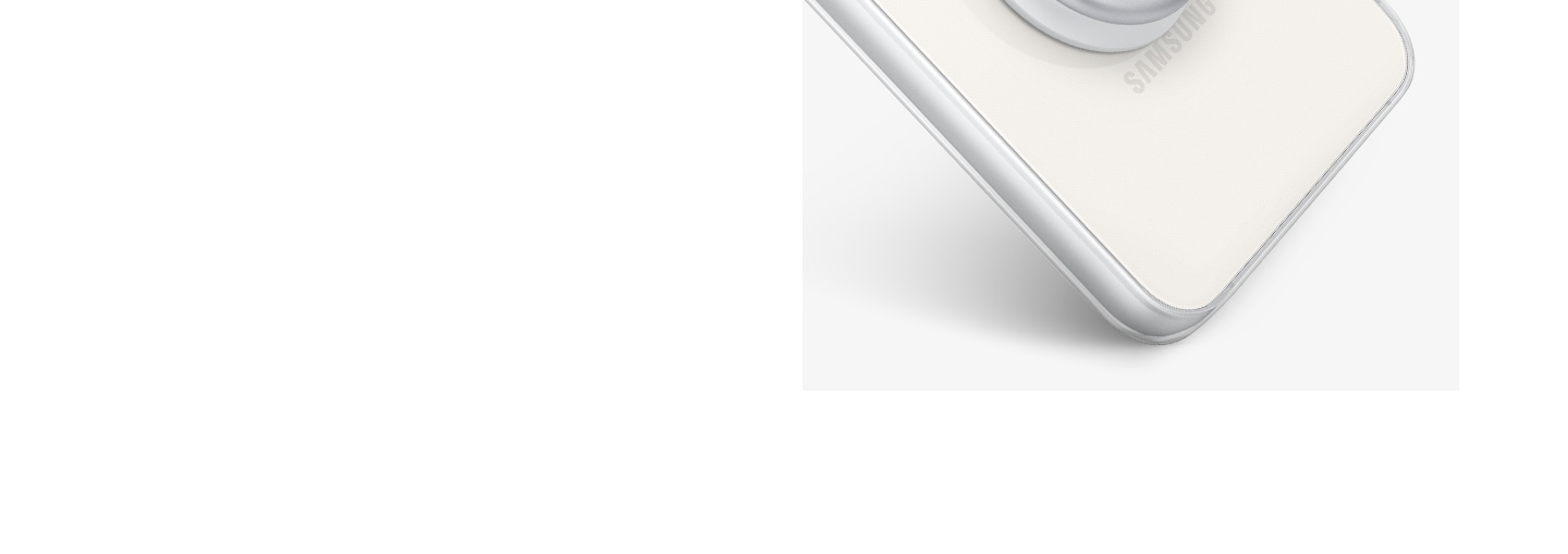 A woman is holding a Galaxy S23 FE device with Clear Gadget Case on vertically using a ring holder. A Galaxy S23 FE device with Clear Gadget Case is placed horizontally on a flat surface using a kickstand. A close-up of the ring holder on the back of Clear Gadget Case.