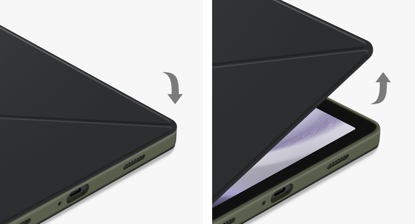 Un dispositivo Galaxy Tab A9 Plus encerrado en Book Cover en posición horizontal con la tapa cerrada. Al lado, la tapa de la funda está ligeramente abierta con la pantalla del dispositivo encendida.