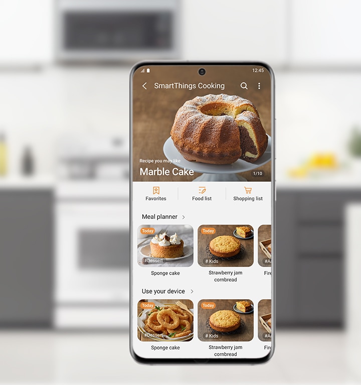 Shows a recipe on a smartphone, with options to add to Favorites or a meal plan, check available food or buy ingredients.