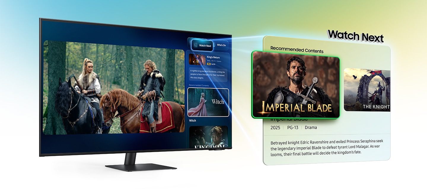 Monitor displays a scene of two characters riding a horse and Click to Search page on the right. Watch Next tab shows Imperial Blade preview image under Recommended Contents. Relevant details of content are shown.