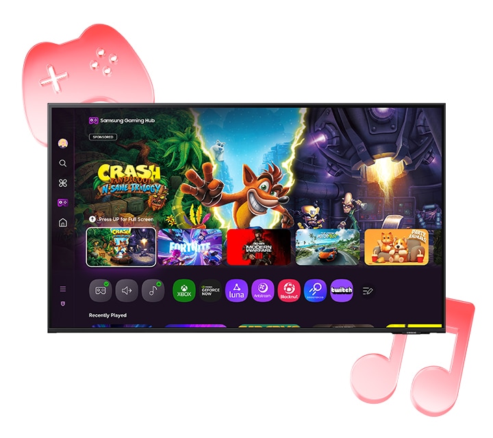 A gaming hub is displayed on the monitor screen.