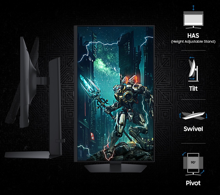 A side view of the monitor and a vertical screen showing the character in full. HAS (Height Adjustable Stand), Tilt, Swivel, Pivot.
