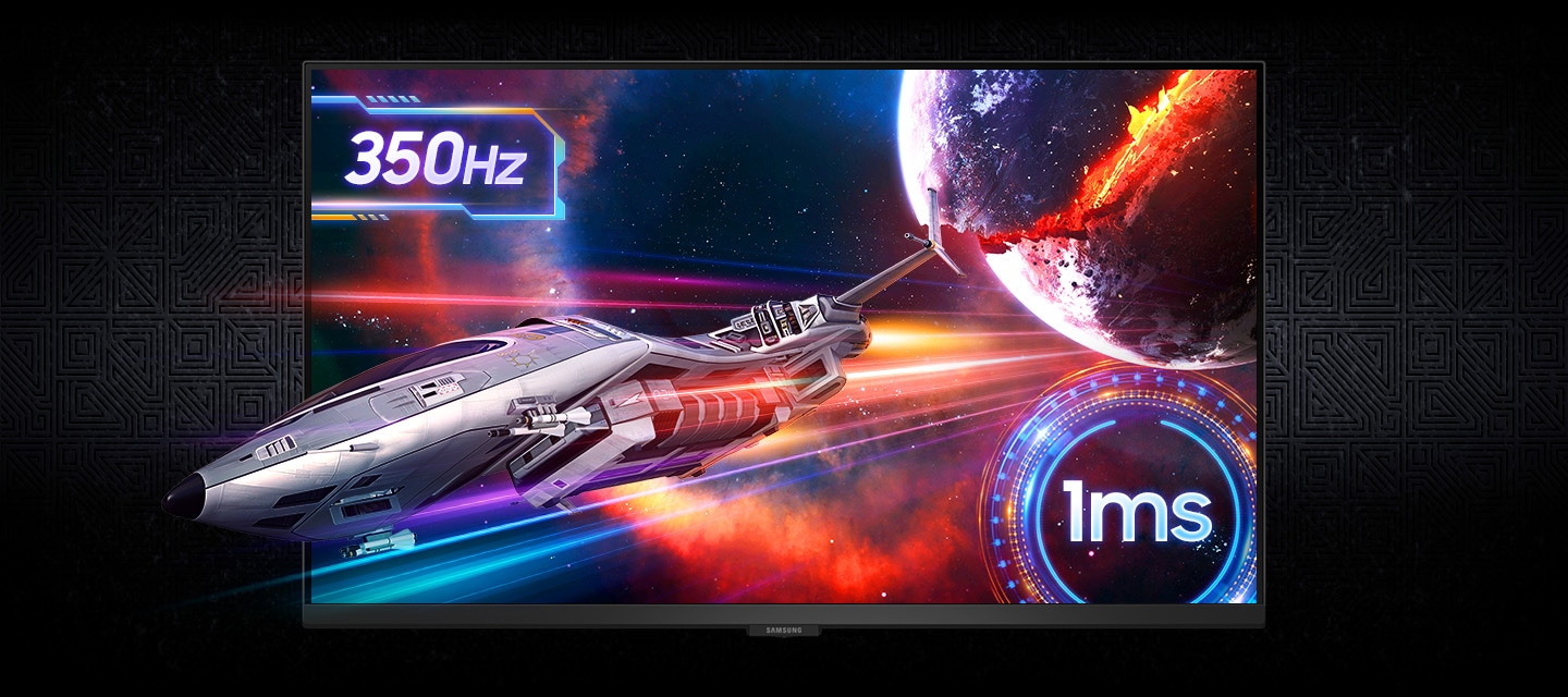 A spaceship is zooming out of the monitor screen. 350Hz refresh rate & 1ms response time.