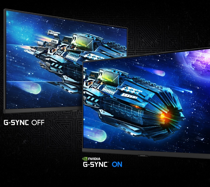 Two screens show a spacecraft in space. NVIDIA G-SYNC OFF shows a choppier image than NVIDIA G-SYNC ON.