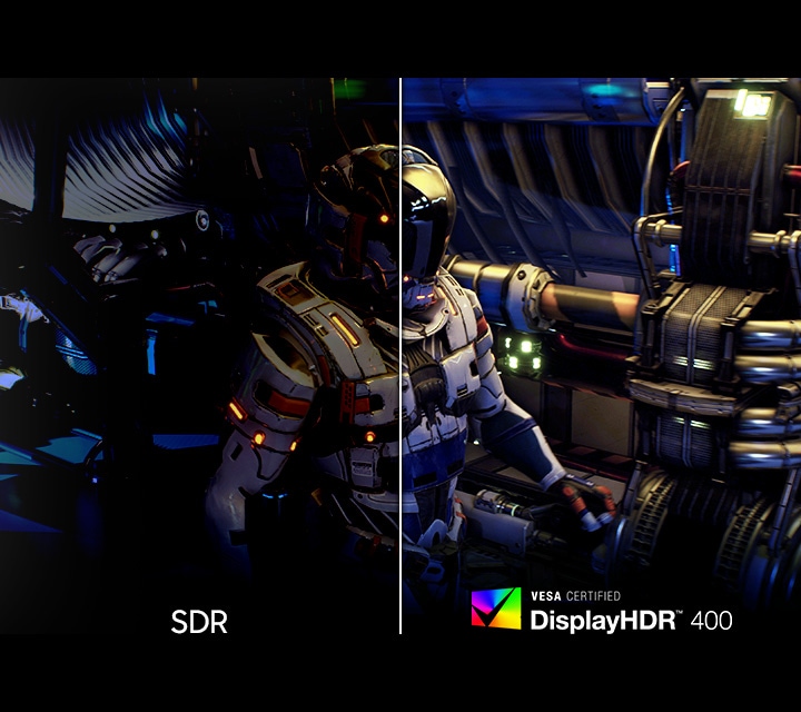 A character inside spacecraft. The SDR screen shows a dimmer image compared to the screen with VESA Certified DisplayHDR 400 logo.