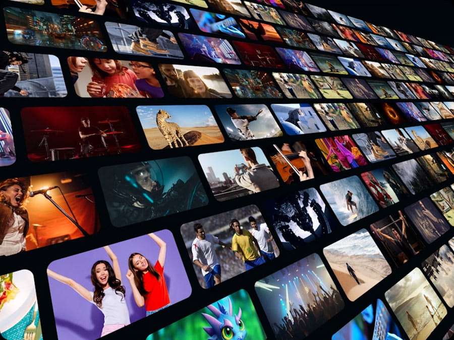 Aerial shot of an array of screens showing the vast amount of content available via Endless Free Content.