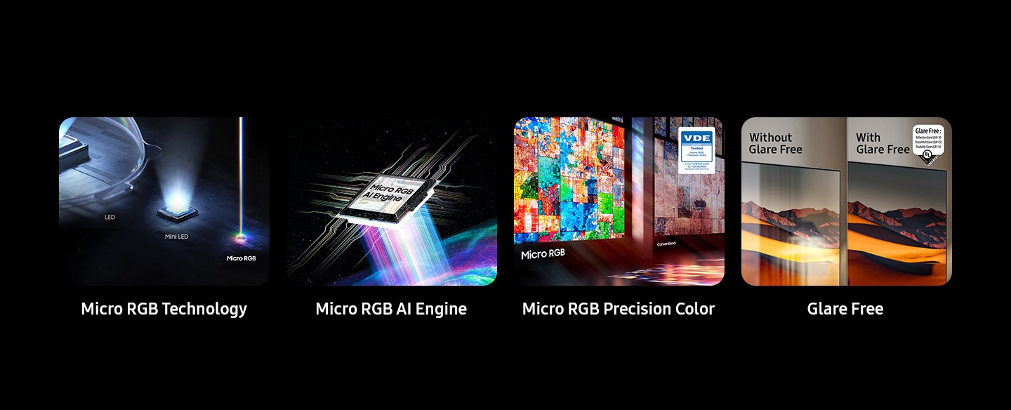 Key features at a glance shown as Micro RGB Technology with LED, Mini LED and Micro RGB. Micro RGB AI Engine. Micro RGB Precision Color compared to conventional screen with VDE logo (07/2025 Tested Micro RGB Precision Color, www.VDEinfo.com, ID. 40060498, Tested by VDE Germany). Glare Free, with Glare Free and Glare Free UL Verified logo (Reflection Glare UGR<10, Discomfort Glare UGR<22, Disability Glare UGR<34 V166045, verifyUL.com), without Glare Free.