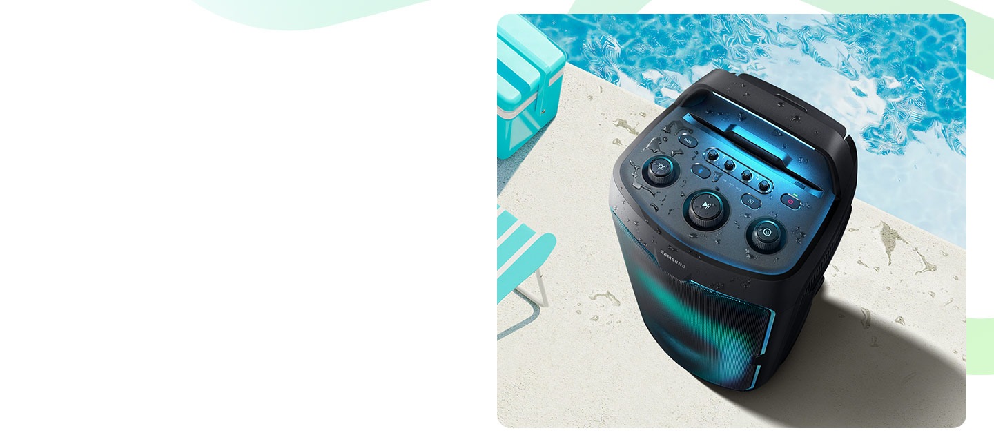 Sound Tower ST50F placed next to outdoor pool. It functions despite water having splashed onto it.