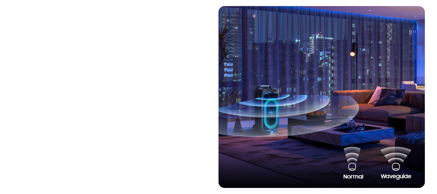 Waveguide on Samsung Sound Tower disperses audio evenly in living room. Icons show Waveguide's range is wider than Normal.