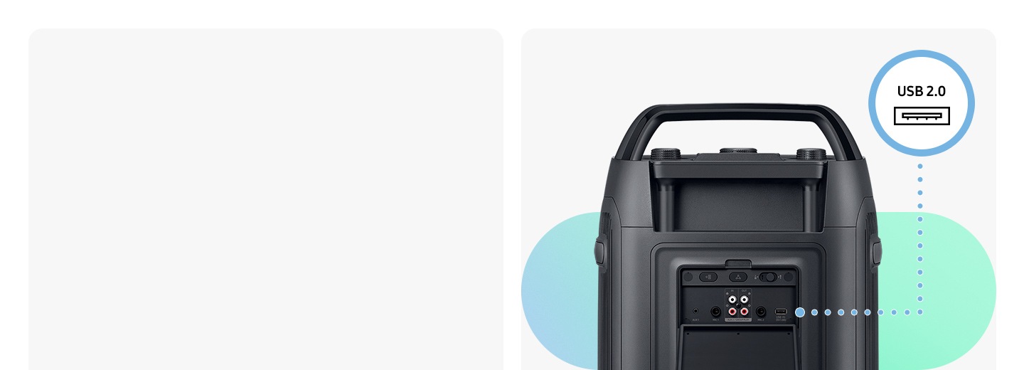 Close-up of a Samsung Sound Tower connected to two smartphones via dotted lined and Bluetooth logos, highlighted by line.