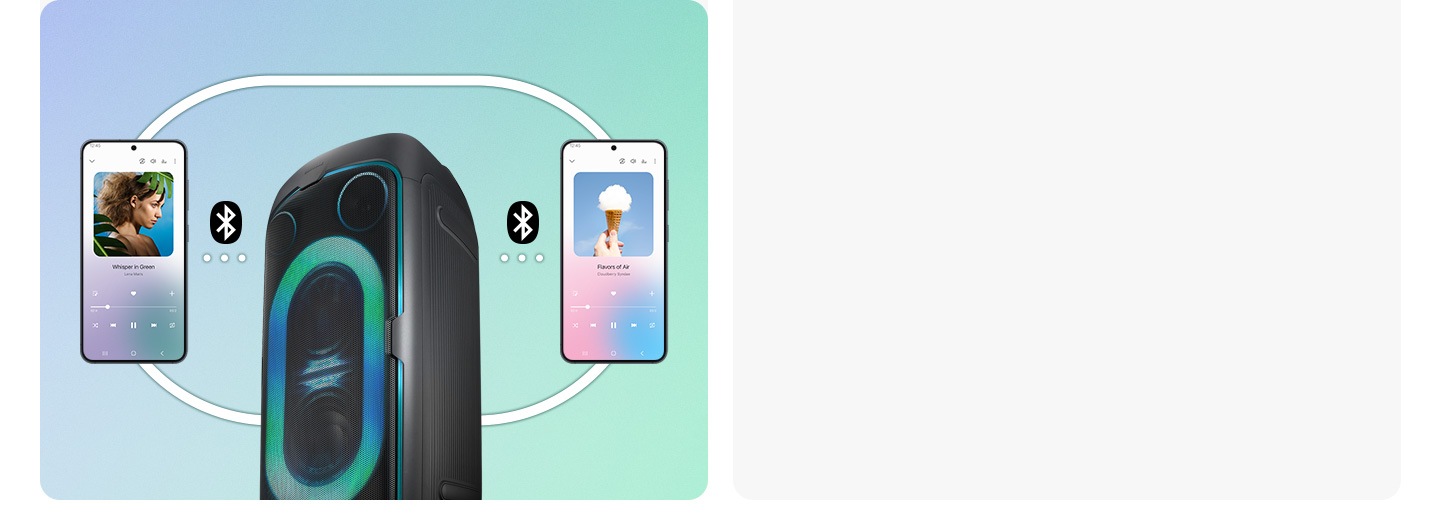 Close-up of a Samsung Sound Tower. A dotted lined connects it to USB 2.1 icon.