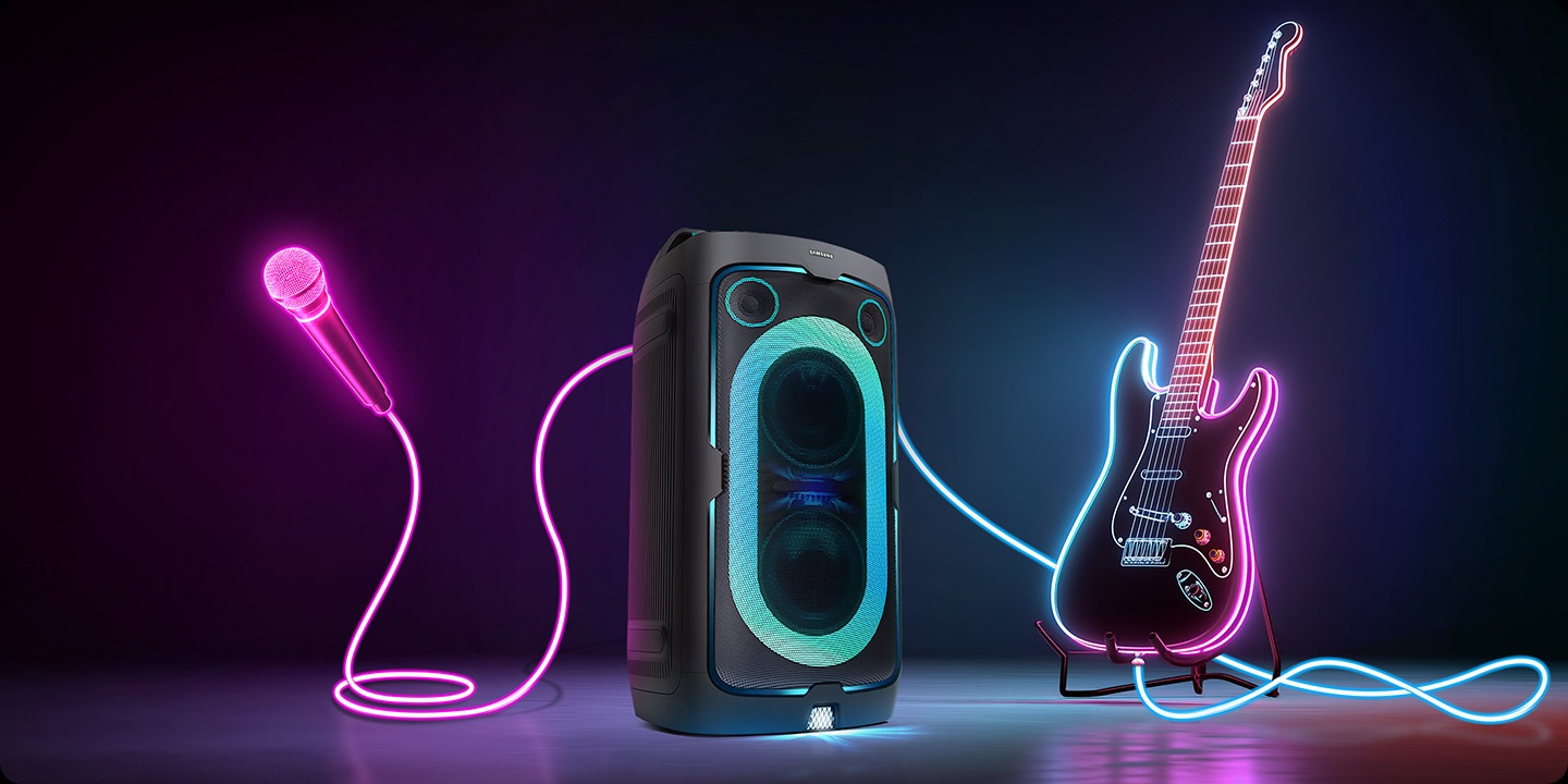 The Sound Tower is connected to both a guitar and a microphone through neon lines, indicating it supports both.