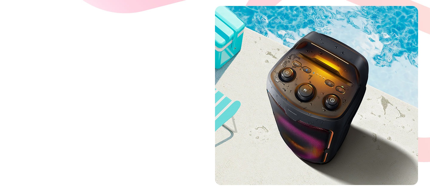 Sound Tower ST40F placed next to outdoor pool. It functions despite water having splashed onto it.