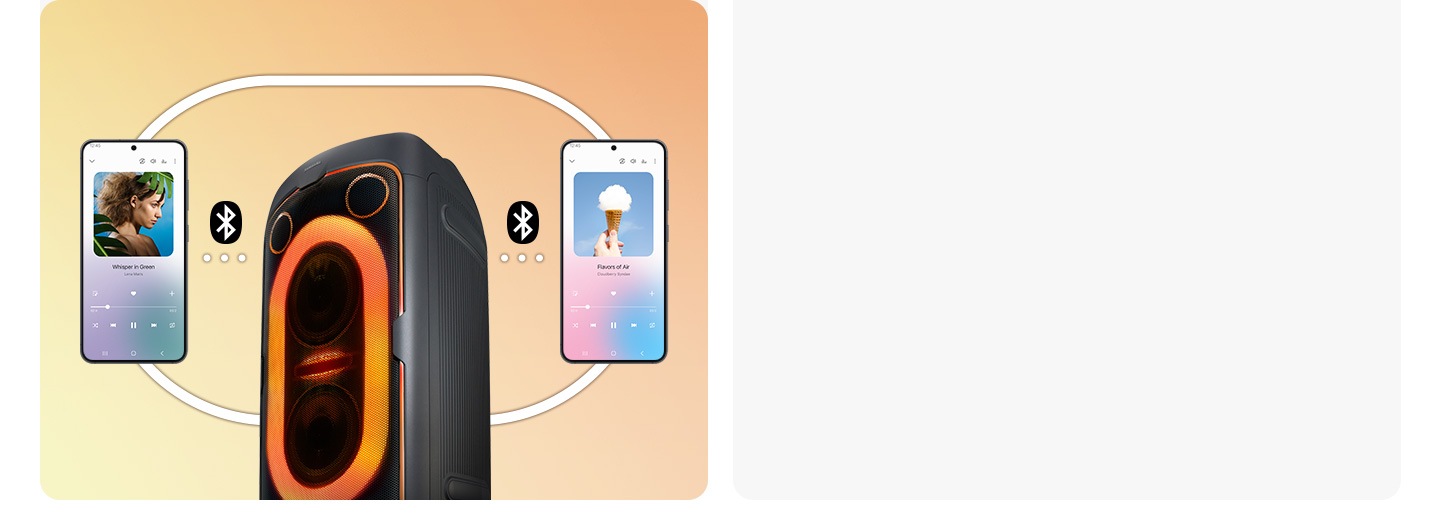 Close-up of a Samsung Sound Tower. A dotted lined connects it to USB 2.1 icon.