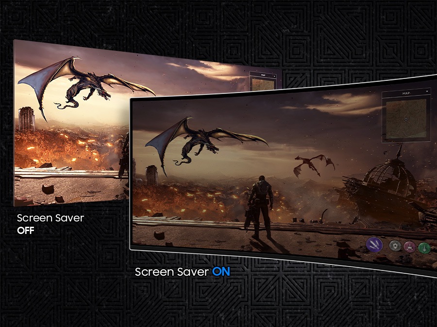A screen is shown twice, with a man in front of a dragon flying over a battlefield. The left screen is labeled "Screen Saver OFF," showing the screen at full brightness. The right screen, labeled "Screen Saver ON," is dimmer.