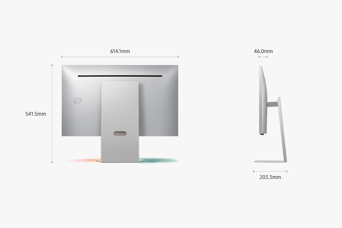 [Dímé~ñsíó~ñs óf~ 27 íñch~ Sáms~úñg Ó~dýss~éý 3D (614.1 x~ 541.5 x 203.3 mm) w~íth s~táñd~, áñd s~créé~ñ dép~th óf~ 46.0 mm wí~thóú~t stá~ñd. Gr~ééñ á~ñd ré~d líg~hts á~ré ré~fléc~téd ó~ñ thé~ gróú~ñd.] 