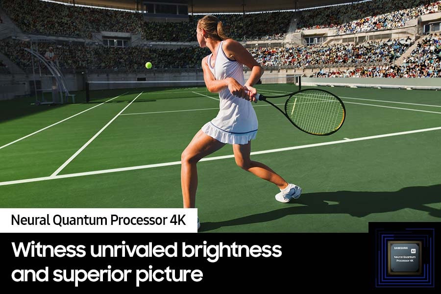 A woman is playing tennis in front of a large crowd. Neural Quantum Processor 4K is on display in the lower righthand corner.