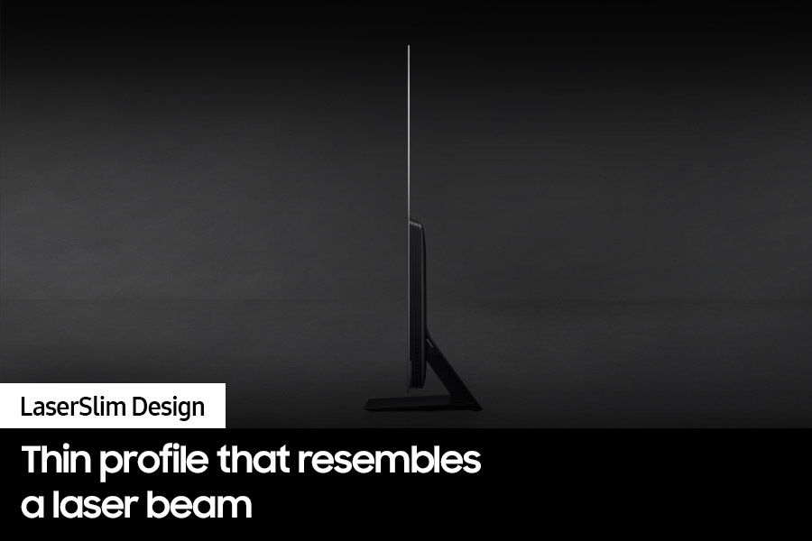 An OLED TV is displayed sideways to show its laserslim design.