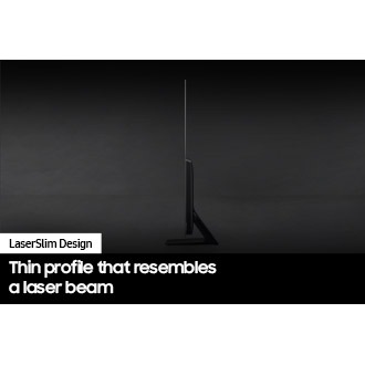 An OLED TV is displayed sideways to show its laserslim design.